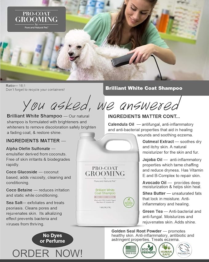 Pro-Coat Grooming Brilliant White Coat Shampoo (Oatmeal, Milk, & Honey) 1 Gallon