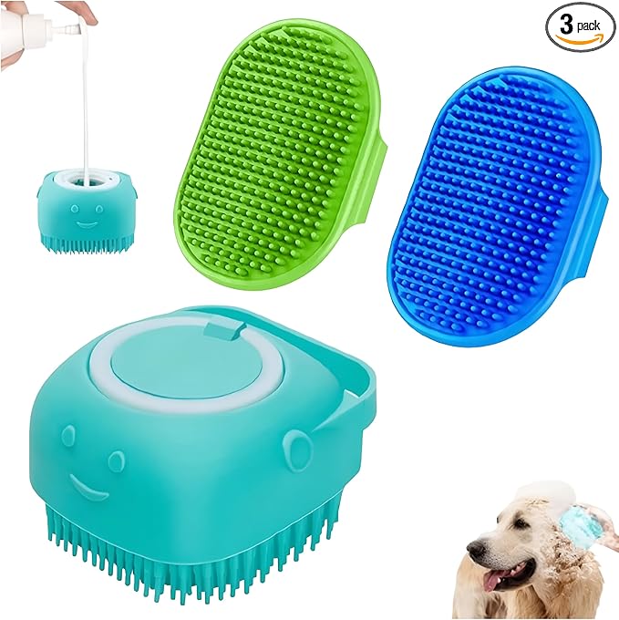 3-Pack Dog Bath Brush with Shampoo Dispenser – Silicone Dog Scrubber for Bathing & Grooming, No-Slip Handle, Deep Cleaning & Shedding Tool, Pet Massage Brush for Small & Large Dogs