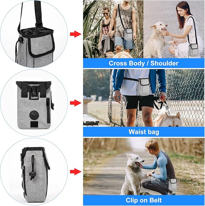 Airline Approved Dog Travel Bag with 2 Dog Treat Training Pouches, Dog Tote Organizer for Weekend Pet Travel Supplies & Accessories, 2 Collapsible Dog Bowls, 2 Travel Dog Food Container (Grey)