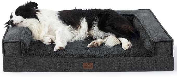 Bedsure Orthopedic Dog Bed for Large Dogs - Supportive Egg Foam Dog Sofa Bed, Bolster Couch Pet Bed with Removable Waterproof Washable Cover, Comfy Plush Velvet Fluff Surface, Nonskid Bottom, Charcoal