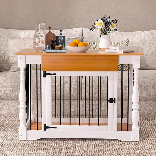 Dog Crate Furniture - Solid Wood Roman Column Kennel for Small/Medium Dogs | Multi-Functional Pet Bed with Removable Tray & Coffee Table Design | Modern Home Decor,Indoor Furniture (White)