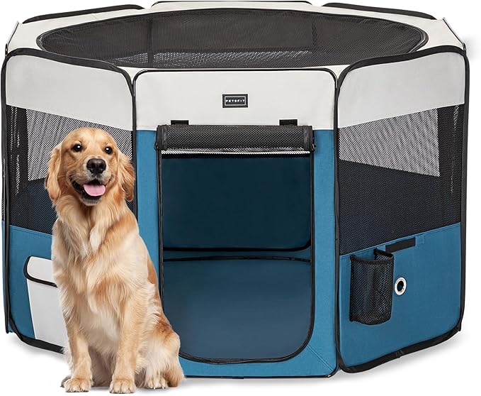 PETSFIT Dog Playpen Indoor/Outdoor,Portable Pet Playpen with Removable Zipper Top,Waterproof Bottom, Foldable Puppy Pen for Cats, Large Breeds (45.5”L x 45.5”W x 28.5”H)