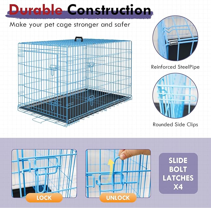 PayLessHere Large Dog Crate Kennel for Medium Large Dogs 30 inches Metal Dog Cage Double-Door Folding Travel Indoor Outdoor Puppy Playpen with Divider and Handle Plastic Tray,Blue