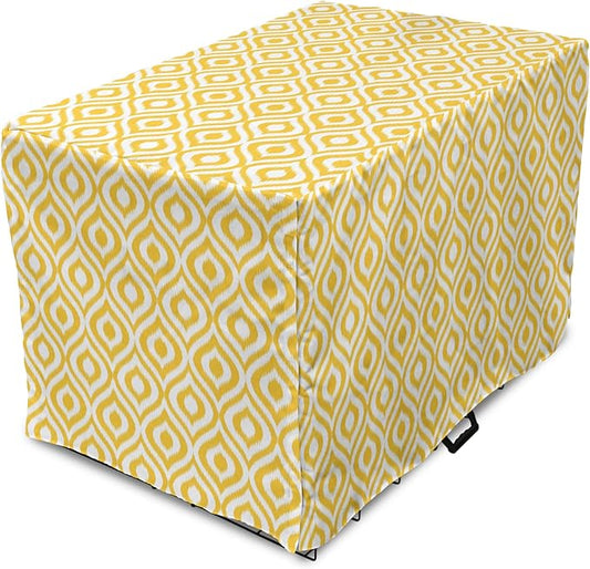 Lunarable Yellow Dog Crate Cover, Geometric Pattern with Ogee Shapes Waves and Curves Design Modern Boho Print, Easy to Use Pet Kennel Cover for Cats & Medium Dogs, 30 Inch, Yellow and White