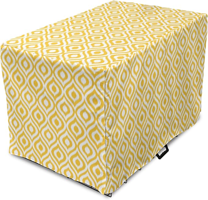 Lunarable Yellow Dog Crate Cover, Geometric Pattern with Ogee Shapes Waves and Curves Design Modern Boho Print, Easy to Use Pet Kennel Cover for Cats & Medium Dogs, 24 Inch, Yellow and White