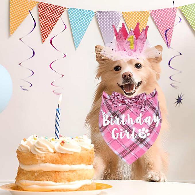 Dog Birthday Party Supplies, Multi Sizes Dog Birthday Bandana Girl Dog Birthday Hat Crown with Birthday Numbers Bow Tie for Small Dogs Pets (Pink, Small)