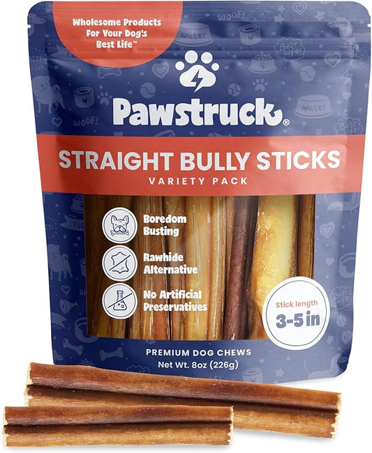 Pawstruck Natural 3-5" Bully Sticks for Small Dogs & Puppies – Single Ingredient, Low Odor & Rawhide-Free Chew Treat Bones - 100% Real Beef No Artificial Preservatives - 8 oz Bag - Packaging May Vary