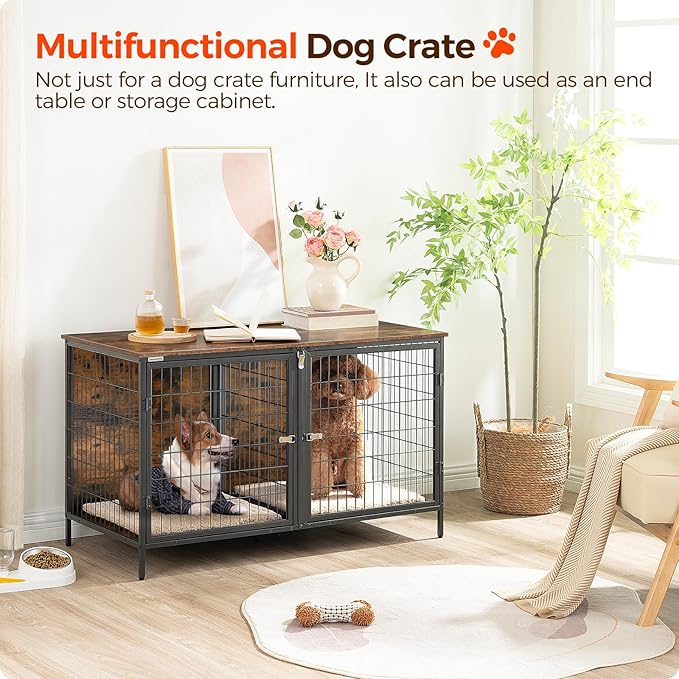 Dog Crate Furniture for 2 Dogs, 43.3" Dog Kennel with Removable Divider, Heavy Sturdy Dog Furniture Style Double Cage for Small Medium Dog, Indoor Pet House End Table, Rustic Brown DCHR1201