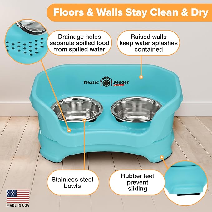 Neater Feeder Deluxe Mess Proof Cat Bowls Elevated for All Breeds – Made in USA – No Spill Raised Bowls for Indoor Cats – Stainless Steel Food and Water Bowl Set, Pet Dish Feeding Station, Aquamarine