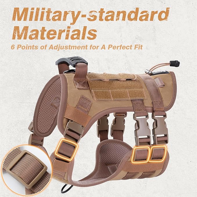 No Pull Tactical Dog Harness for Small Dogs, Escape Proof Molle Dog Vest Harness and Leash Set, Adjustable Military Service Dog Harness with Handle for Medium Large Dogs(Brown, Small)