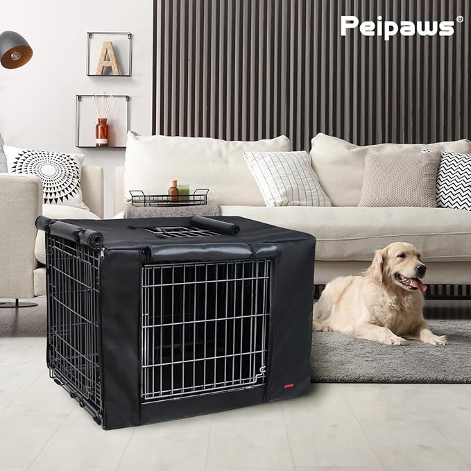 Dog Crate Cover 42 Inch - Waterproof Kennel Cover with Top Window, 600D Oxford Fabric Dog Cage Cover Fit for Most Double Door Wire Crate, Unique Drinking Hole Design, Black (Cover Only)