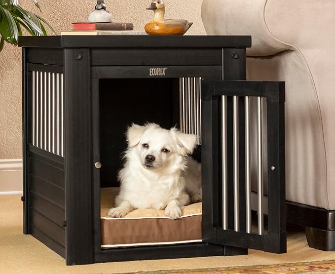 New Age Pet ECOFLEX Dog Crate End Table - Furniture-Style Pet Crate for Crate Trained Dogs - Stainless Steel Tubing & a Latched Closure - 10 Year Manufacturer's Warranty, Medium, Black
