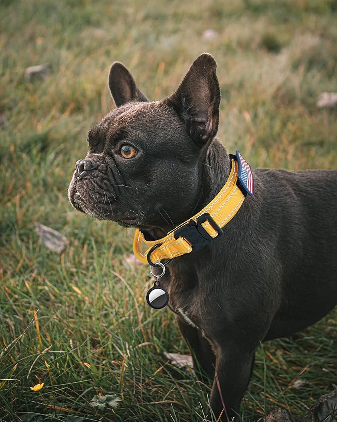 AUBELL Reflective Tactical Dog Collar, Adjustable Military Nylon Dog Collar with Handle and Heavy Duty Metal Buckle for Medium Large Extra-Large Dogs, with Airtag Case and 2 Patches(Yellow, XL)