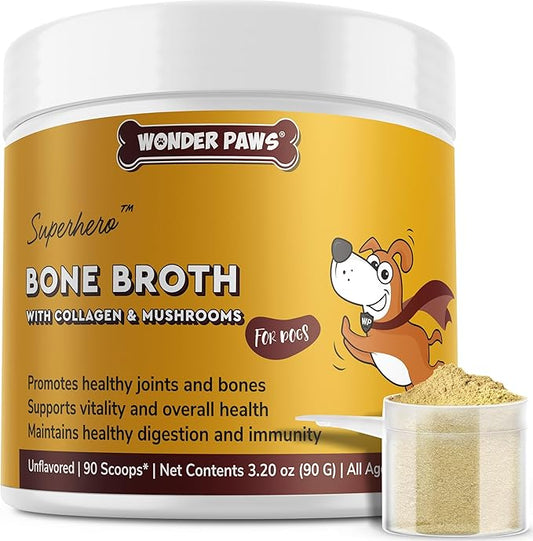 Bone Broth for Dogs – Bone Broth Powder with Organic Mushrooms & Collagen for Digestion, Immunity & Joint Support – Tasty Beef Supplement for Dogs of All Ages, Sizes & Breeds – 3.20 oz
