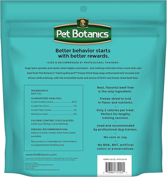 Pet Botanics 16 oz. Pouch Training Reward Freeze Dried, Beef Liver Flavor, with 825 Treats Per Bag, The Choice of Top Trainers