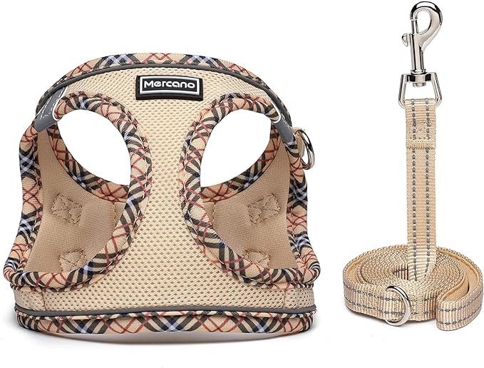 Mercano Soft Mesh Dog Harness and Leash Set, No-Chock Step-in Reflective Breathable Lightweight Easy Walk Escape Proof Vest Harnesses with Safety Buckle for Small Medium Dogs, Cats (Beige, L)