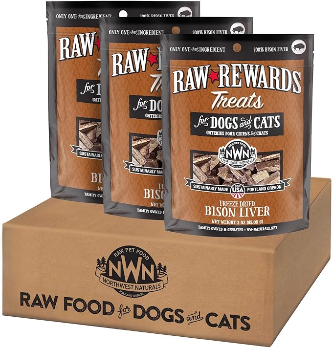 Northwest Naturals Raw Rewards Freeze-Dried Bison Liver Treats for Dogs and Cats - Bite-Sized Pieces - Healthy, 1 Ingredient, Human Grade Pet Food, All Natural - 3 Oz (Pack of 3)