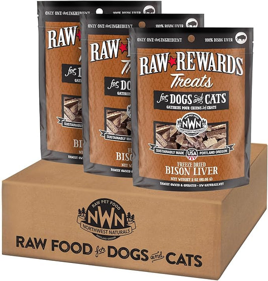 Northwest Naturals Raw Rewards Freeze-Dried Bison Liver Treats for Dogs and Cats - Bite-Sized Pieces - Healthy, 1 Ingredient, Human Grade Pet Food, All Natural - 3 Oz (Pack of 3)