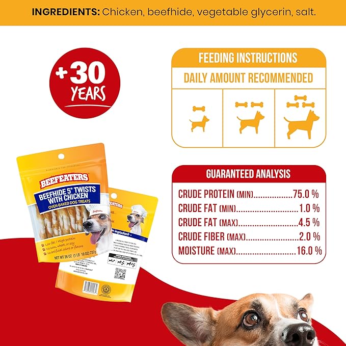 Beefeaters Dog Treats - Beefh 5in Twist with Chicken 26oz | Dog Food High Protein, Low Fat, Enriched with Vitamins & Minerals | Promotes Clean Teeth | Dog Training Treats for All Dog Sizes