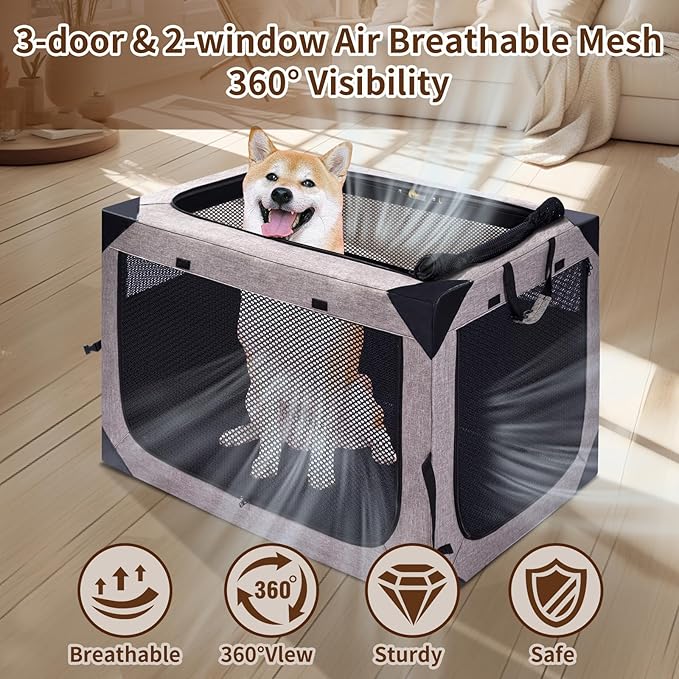 Dog Crate,36x25x25 Inch Large Dog Crate for Large or Medium Dogs, Portable and Foldable Design of Dog Cage, Perfect for Travel or Home Use, Dog Kennel with 3-Door and Durable Mesh Windows, Light Grey