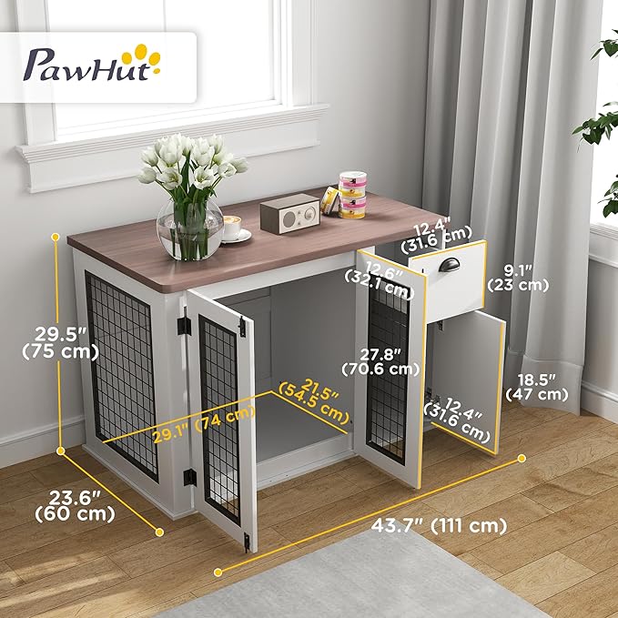 PawHut 44" Dog Crate End Table, Double Door Kennel With Storage Drawer, Indoor Furniture Style Cage for Medium Dogs, White