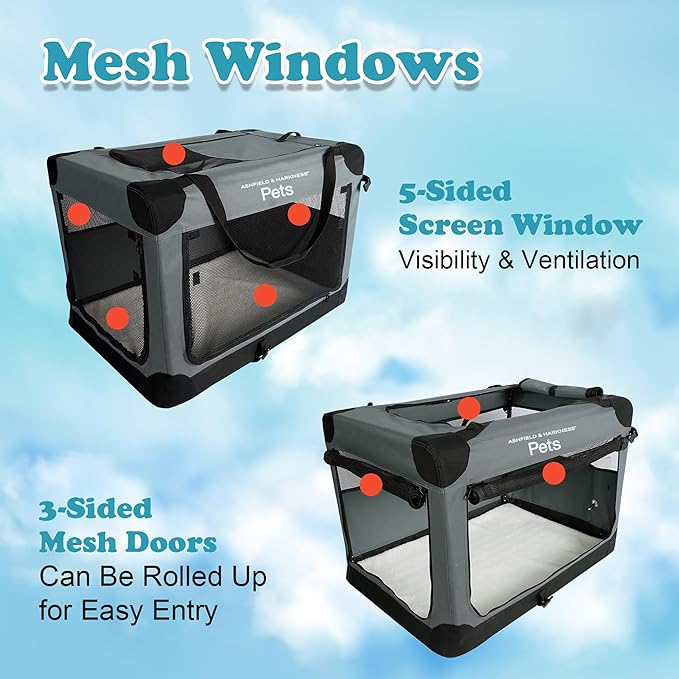 Ashfield & Harkness: Collapsible Soft Dog Crate - 30" - Gray, Sherpa Lined Mat, Durable Mesh Windows, Portable Foldable Pet Kennel, Indoor & Outdoor