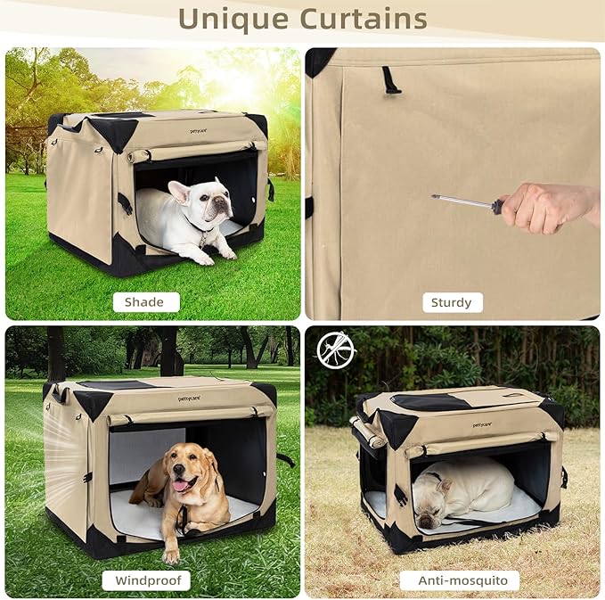 Pettycare 30 Inch Collapsible Dog Crate with Curtains Travel Dog Crate for Airflow and Calm Soft Pet Kennel with Portable Bag and More Chew Proof Mesh Indoor & Outdoor Beige 4 Door Curtains