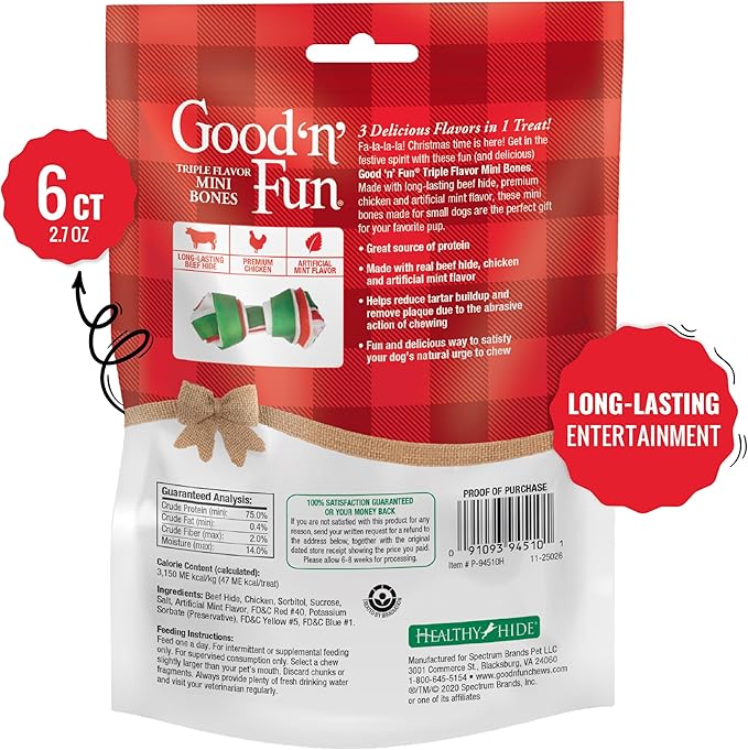 Good 'n' Fun Triple Flavor Mini Bones Chews for Dogs, 6 Count, Treat Your Small Dog to Holiday Chews Made with Real Beef Hide, Chicken and Artificial Mint Flavor