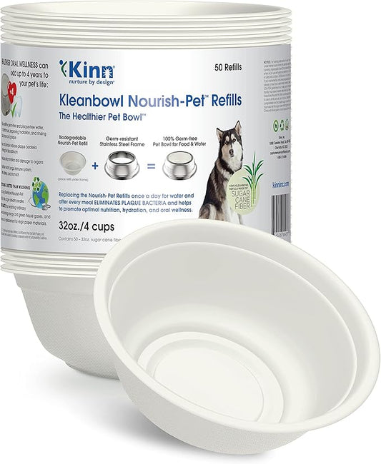 Kinn Kleanbowl Disposable Dog Food Bowls, 32 oz (Pack of 50) - Frame System Refills, Use for Travel, Boarding, or Crate, Compostable Pet Travel Bowl, No Plastic, Leakproof, Portable Dog Dish