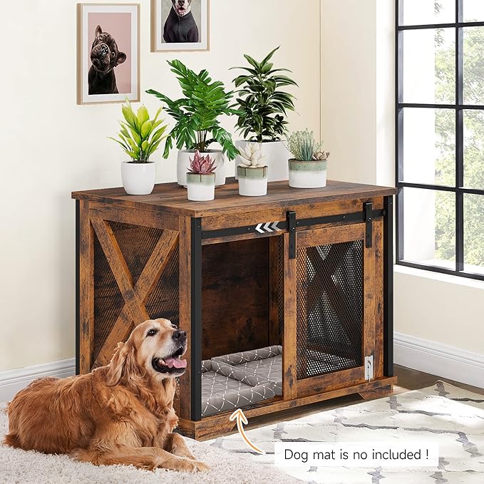 GAOMON Sliding Doors Dog Crate Furniture，Indoor Wooden Dog Crate Furniture with End Table and Flip-top Plate，Detachable Divider for Dog Kennel,Dog House, Rustic Brown