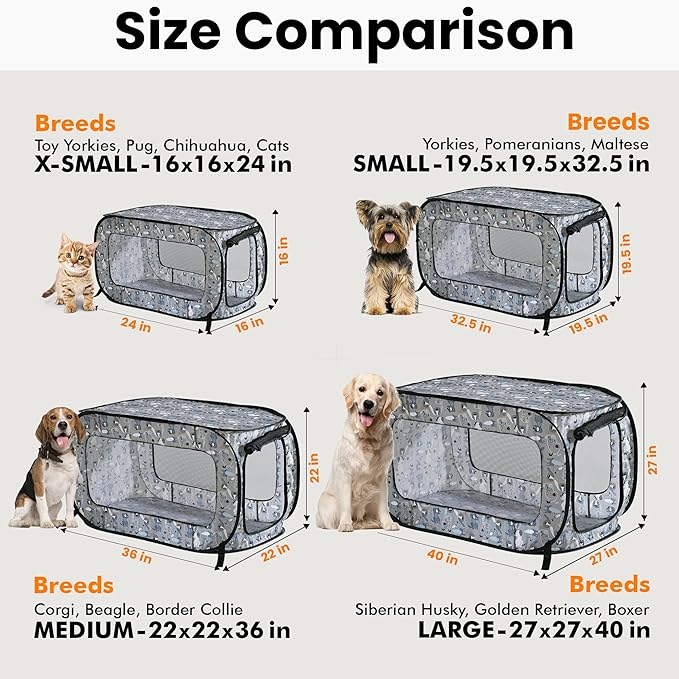 Beatrice Home Fashions Portable, Collapsible, Pop Up Kennel Travel Cat and Dog Crate, 24" L x 16.6" W x 16" H, Tail Waggers