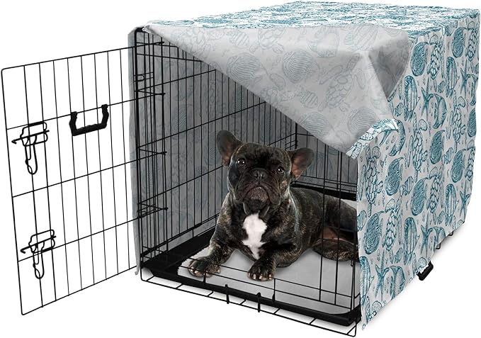 Lunarable Under The Sea Dog Crate Cover, Hand Drawn Sketch Art Style Fauna of The Sea Turtle Starfish and Fishes, Easy to Use Pet Kennel Cover for Cats & Medium Dogs, 24 Inch, Blue White