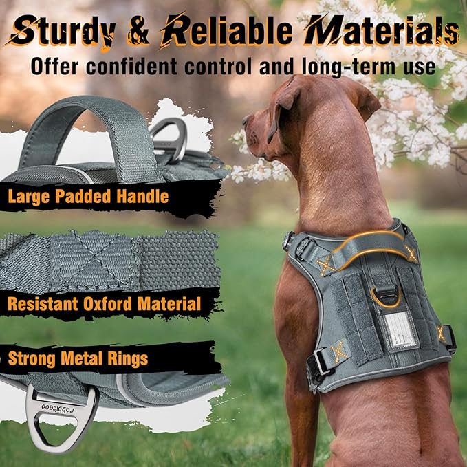 rabbitgoo Dog Harness Medium Sized No Pull, Tactical Service Dog Vest with Molle and Control Handle, Adjustable and Reflective Military Pet Harness for Easy Walking and Training, Grey, M