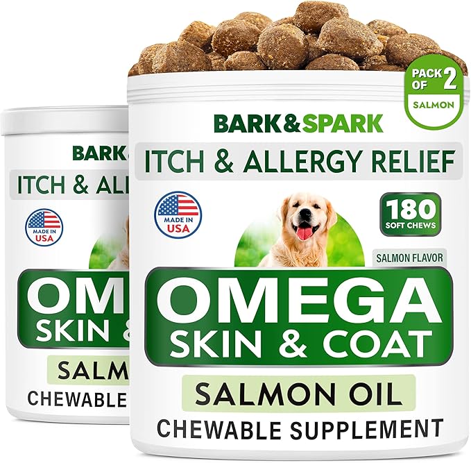 BARK&SPARK Omega 3 for Dogs - 360 Fish Oil Treats for Dog Shedding, Skin Allergy, Itch Relief, Hot Spots Treatment - Joint Health - Skin and Coat Supplement - EPA & DHA Fatty Acids - Salmon Oil