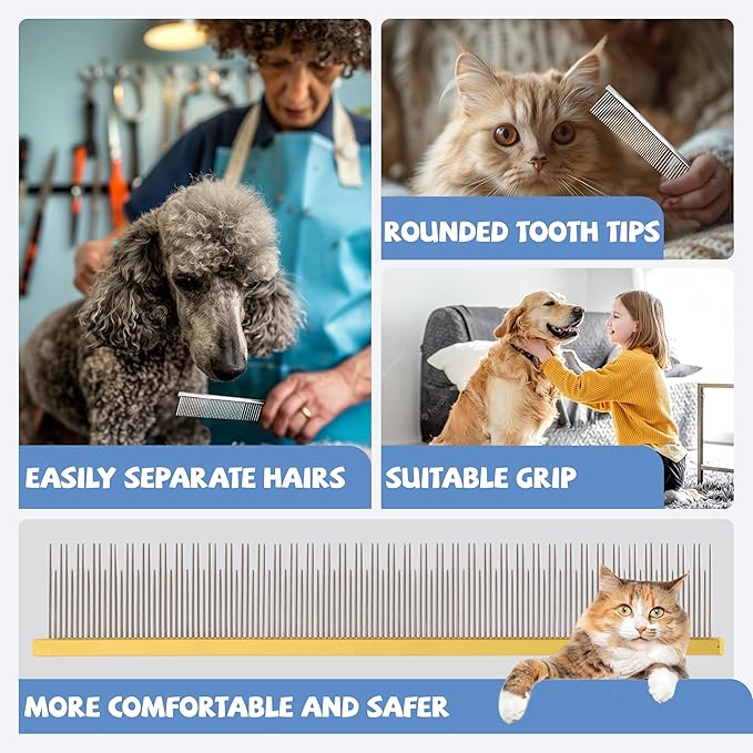 8.5 Inch Dual Tooth Pet Comb for Mats and Tangles，Professional Grooming Flea Comb Removing Excess Hair for Long-Haired Cats and Dog Kit,Prevent Undercoat, Excess Hair,Mats and Tangles,Pet Essential