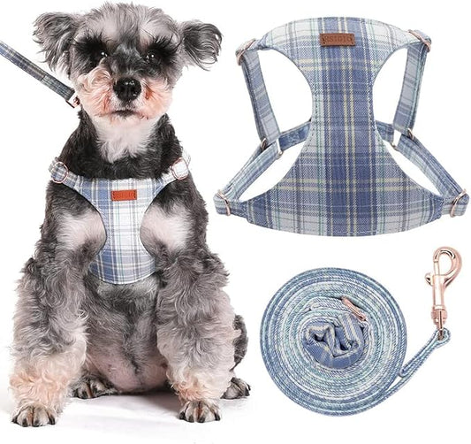 Small Dog Harness and Leash Set, Plaid Puppy Dog Harness XXS, Soft Adjustable Harness for Extra Small-Medium Pet Dogs and Cat No Pull, Blue Plaid, Medium