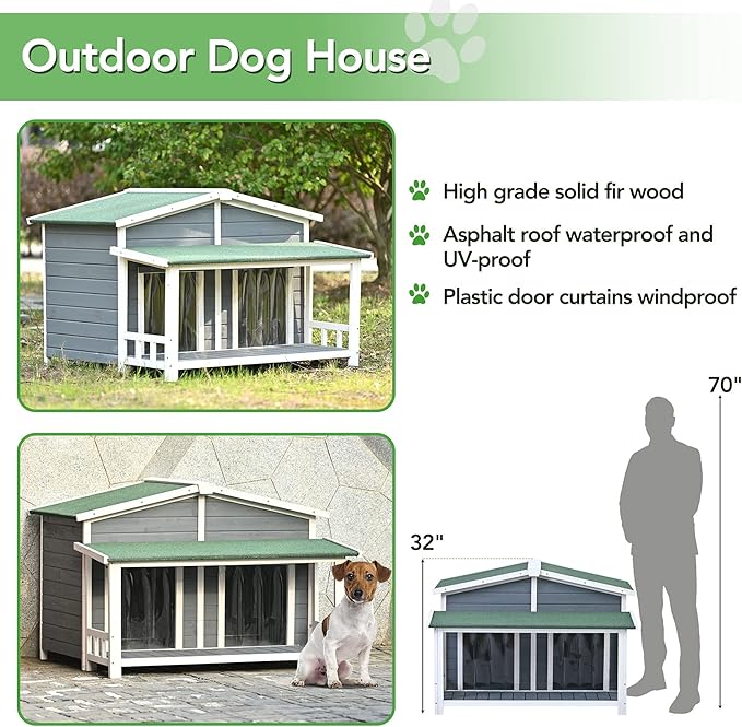 Merax 47" Outdoor Wooden Dog House with Porch, Asphalt Roof, 2" Height Raised Feet and Two Plastic Door Curtains, Brown