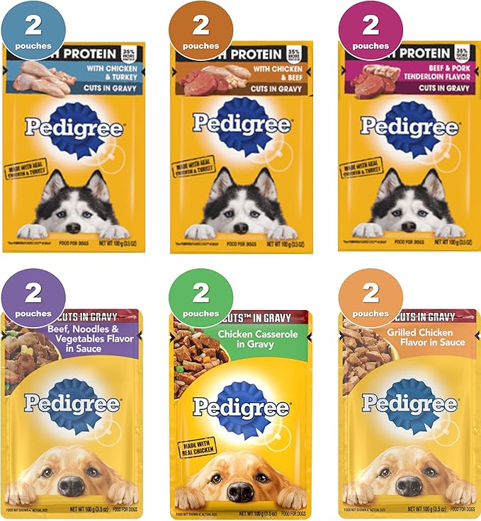 High Protein Dog Food Bundle, Includes 12 Pouches, High Protein and cuts in Gravy, Assorted 06 Flavors(02 Each).Plus a Carrot Dog Toy and a Pet Nutrition Booklet.