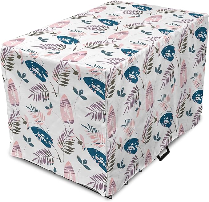 Ambesonne Leaves Dog Crate Cover, Abstract Foliage in Pastel Colors Tropical Jungle Forest Plants with Grunge Effect, Easy to Use Pet Kennel Cover for Medium Large Dogs, 36 Inch, Petrol Blue Baby Pink