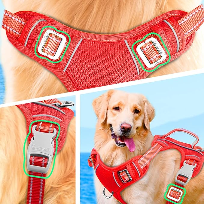 BARKBAY No Pull Dog Harness Large Reflective Dog Harness with Front Clip and Easy Control Handle for Walking Training Running with ID tag Pocket(Red,XL)
