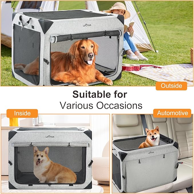 Collapsible Dog Crate for Large Dogs, Portable Travel Dog Crate Soft Pet Kennel with 4-Door Chew Proof Mesh Windows for Indoor & Outdoor