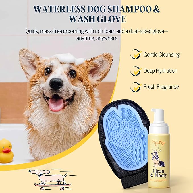 Clean and Floofy Waterless Dry Dog Shampoo with Glove – No Rinse Spray Foam, Anti-Itch, Odor Control, Moisturizing & Conditioning, Hydrating, Detangling, Sulfate-Free Pet Bath Wash for Dogs & Puppies