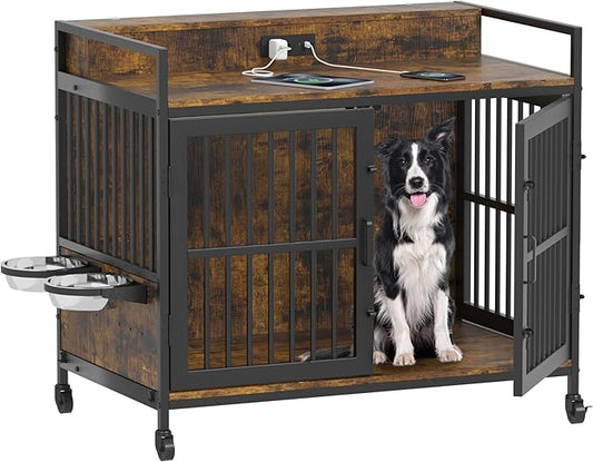 Piskyet Large Dog Crate Furniture,Heavy Duty Dog Crate Table with Charge Station and Storage&360°Rotatable Feeder and Stainless Steel Bowls,Indoor Double Door Kennel with Wheels,Rustic Brown 39.9" L