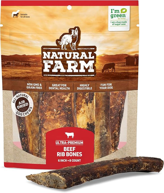 Natural Farm Rib Bones for Dogs (6 Inch, 8 Pack) - Beef Ribs for Dogs, Farm-Raised Cattle - Slow-Roasted Flavor - Low Odor for Indoor, Outdoor Chewing - Promotes Dental Health