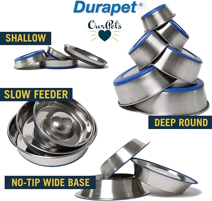 OurPet's DuraPet Premium Dishwasher Safe Stainless Steel Dog Bowl for Food or Water [Multiple Sizes for Small to Large Dogs] in Traditional or Wide Base Design - 8 CUP