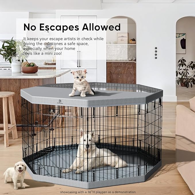 PJYuCien Dog Playpenr，8 Panels 30”H Dog Playpen with Gery Bottom Pad and Grey Top Cover，Metal Foldable Dog Exercise Pen for Indoor，Better for Medium Animals,Black