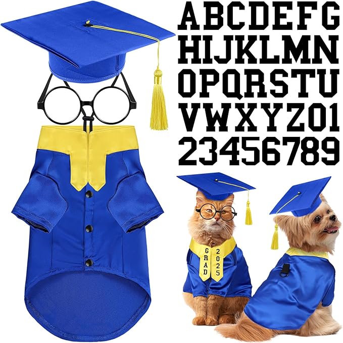 5 Pcs Dog Graduation Costume Set Include 2025 Pet Graduation Gown with Stole Puppy Grad Cap Lensless Glasses DIY Letter Stickers for Dogs Cats Holiday Costume Accessory(Blue Yellow,S)