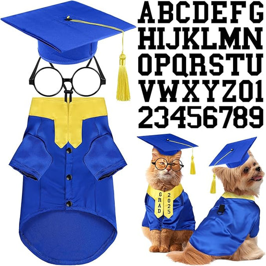 5 Pcs Dog Graduation Costume Set Include 2025 Pet Graduation Gown with Stole Puppy Grad Cap Lensless Glasses DIY Letter Stickers for Dogs Cats Holiday Costume Accessory(Blue Yellow,S)