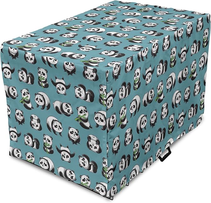 Lunarable Panda Dog Crate Cover, Cartoon Style Pandas Eating Branches Bear Poses in Sleeping and Rolling, Easy to Use Pet Kennel Cover for Medium Large Dogs, 36 Inch, Petrol Blue and Black