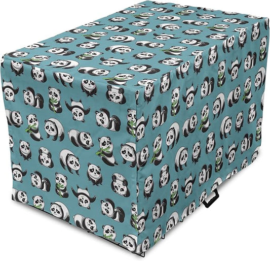 Lunarable Panda Dog Crate Cover, Cartoon Style Pandas Eating Branches Bear Poses in Sleeping and Rolling, Easy to Use Pet Kennel Cover for Medium Large Dogs, 36 Inch, Petrol Blue and Black